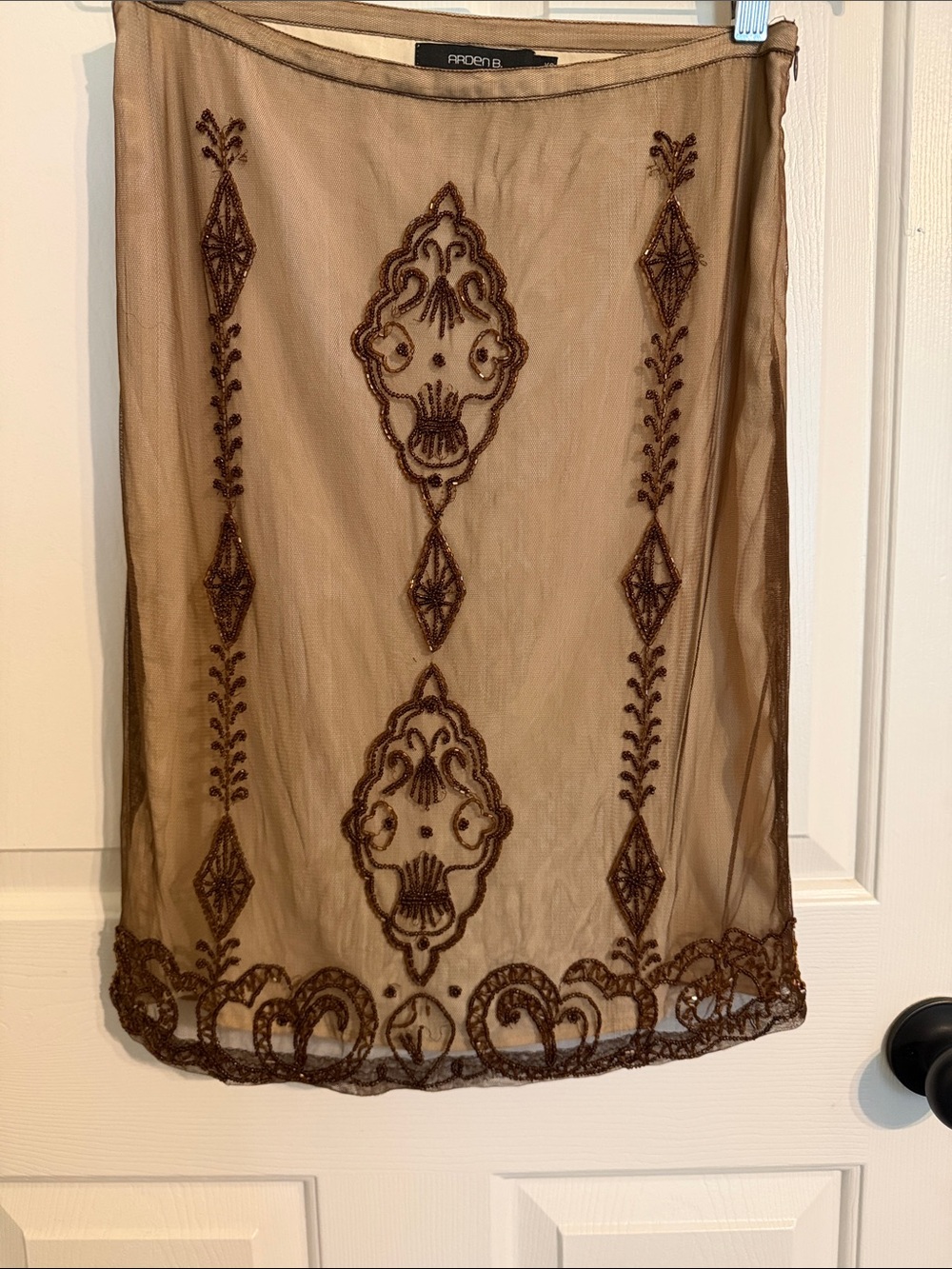 Ardene Beige Sheer Midi Skirt with Brown Embroidery